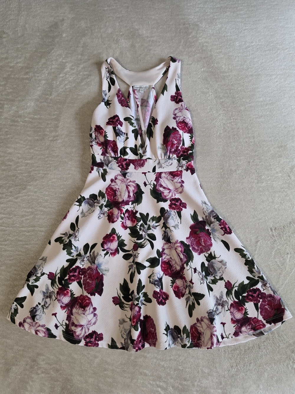 Charlotte Russe White Dress with Fuchsia Floral Print and Green Leaves Size:XS